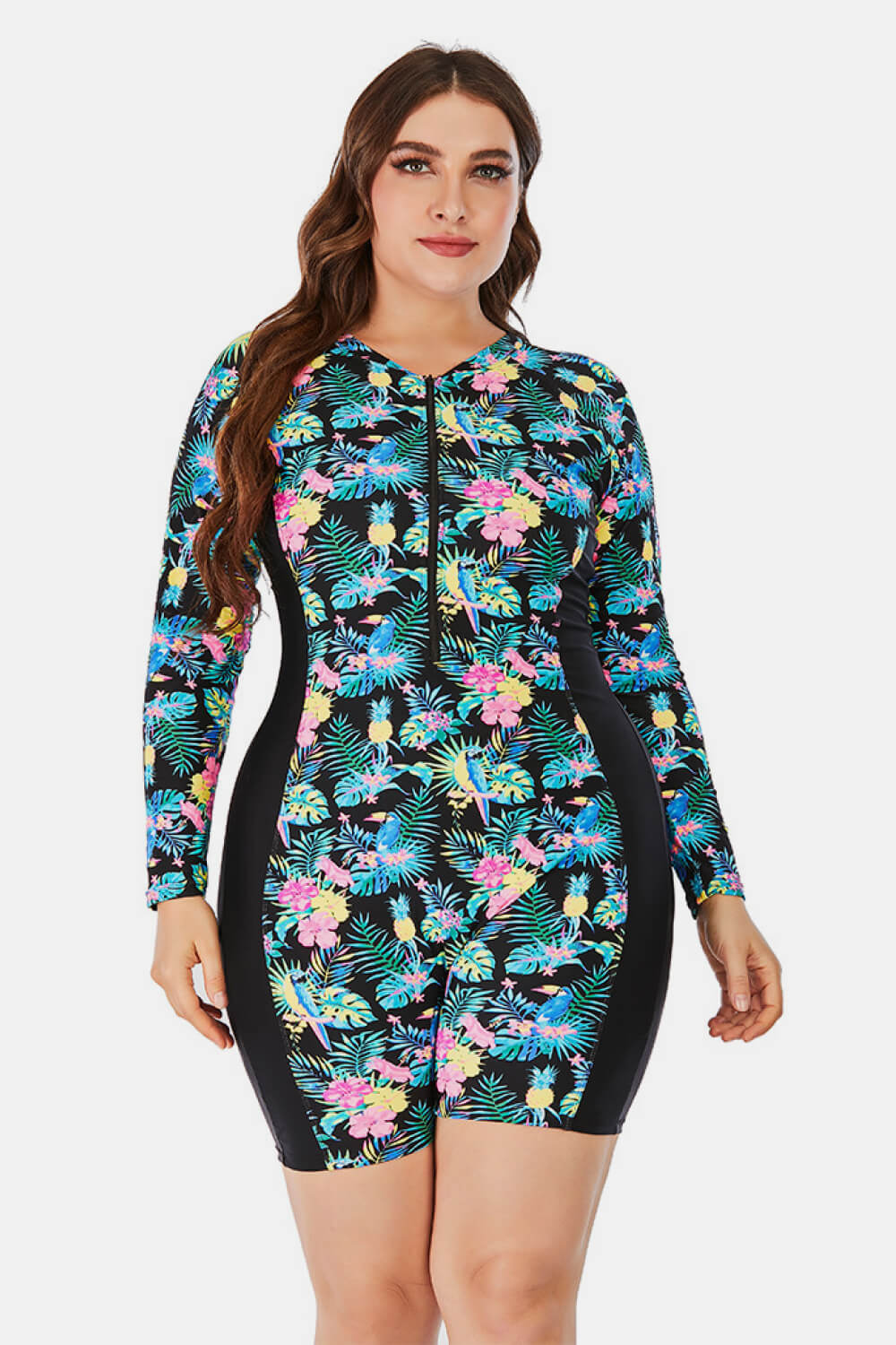 Plus Size Floral Zip Up  Long Sleeve Short Wetsuit