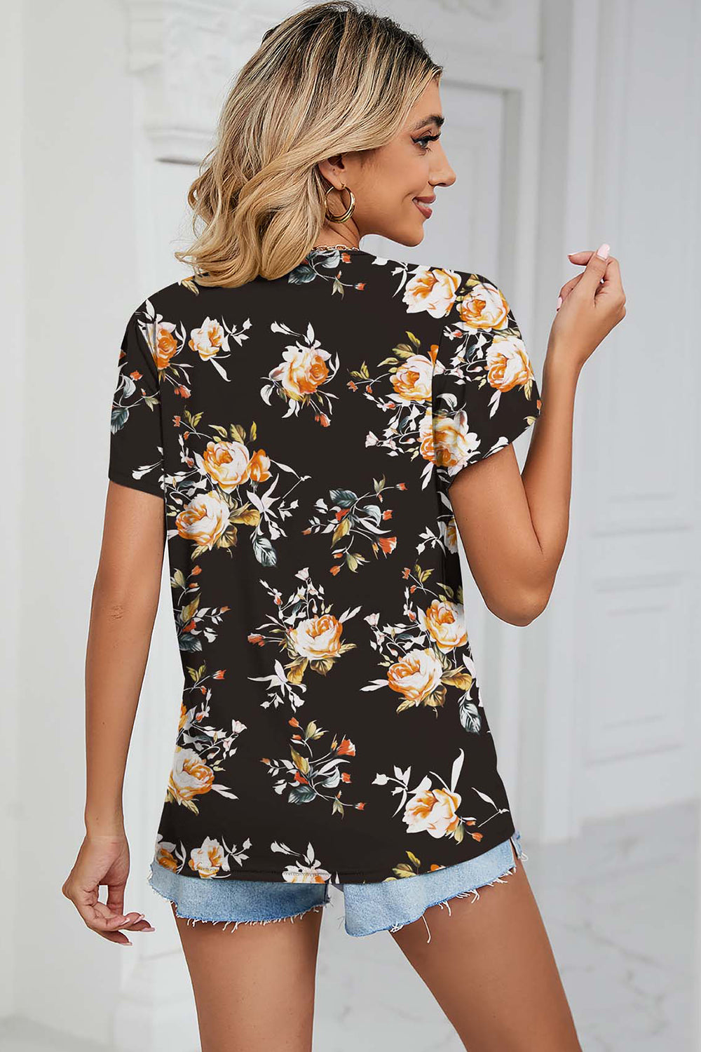 Floral V-Neck Short Sleeve T-Shirt