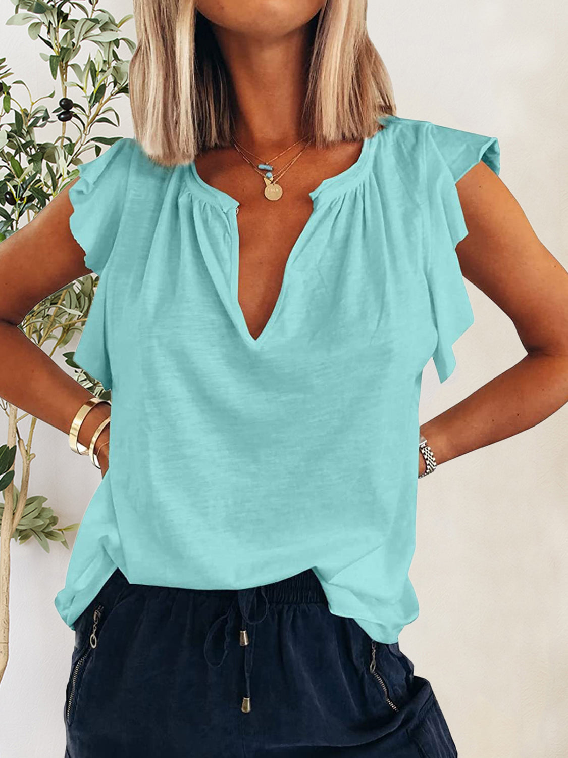 Ruffled Notched Cap Sleeve T-Shirt