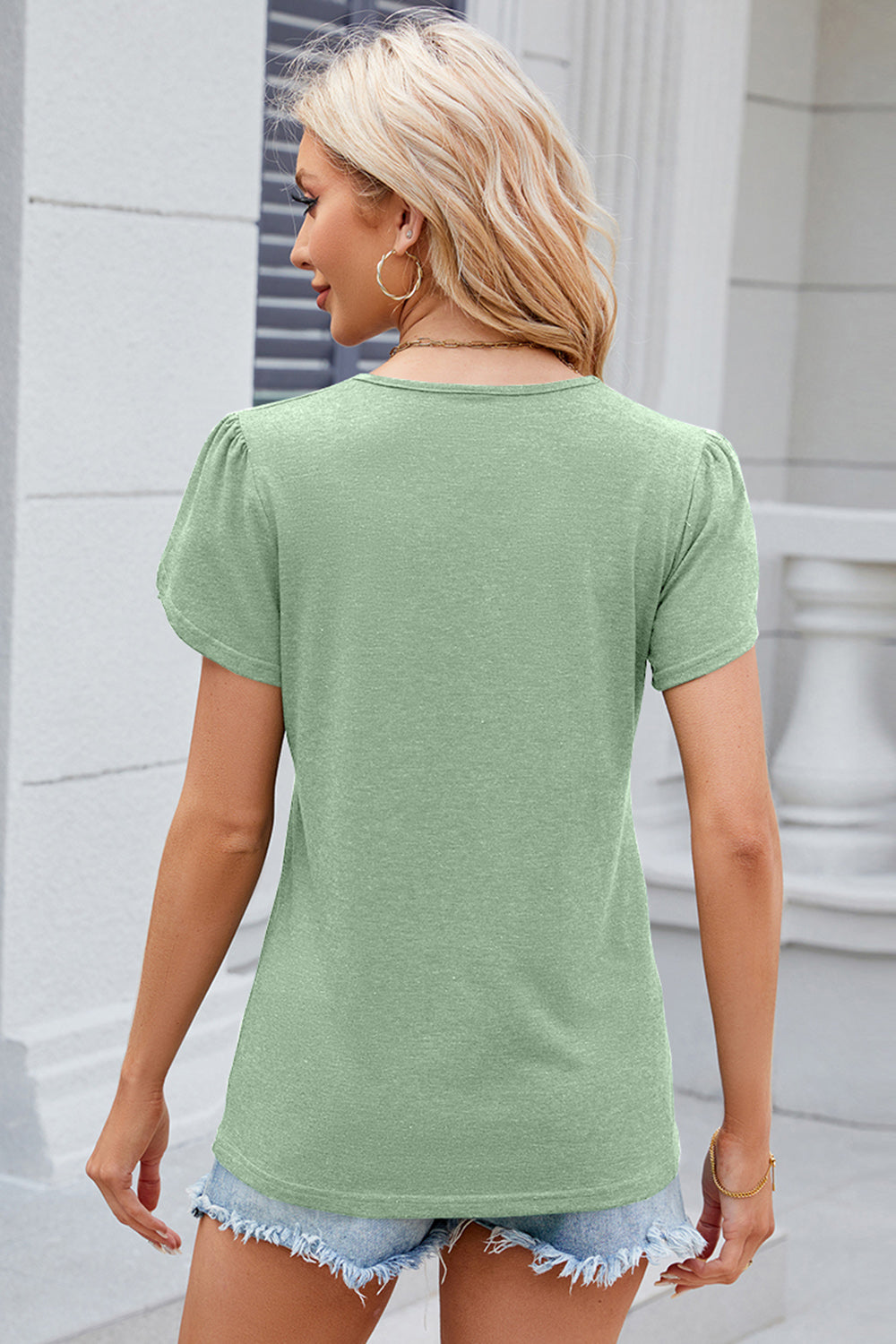 Decorative Button V-Neck Short Sleeve T-Shirt