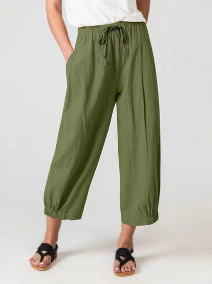 Elastic Waist Wide Leg Pants with Pockets