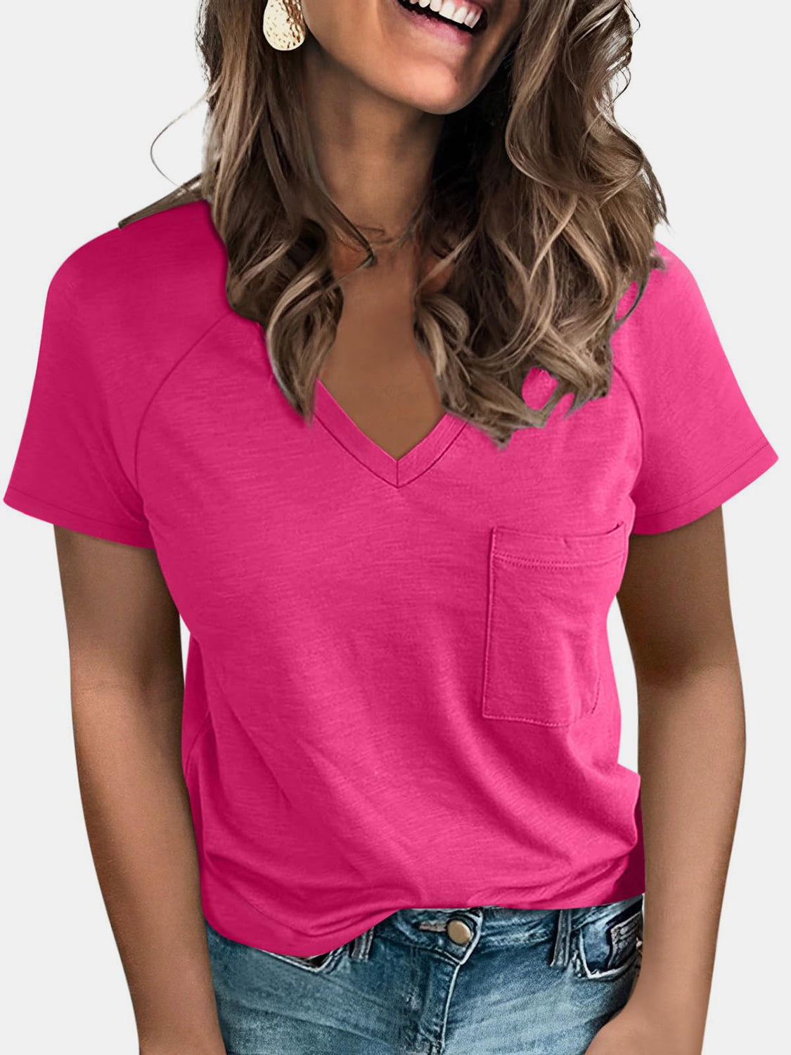 Pocketed V-Neck Short Sleeve T-Shirt