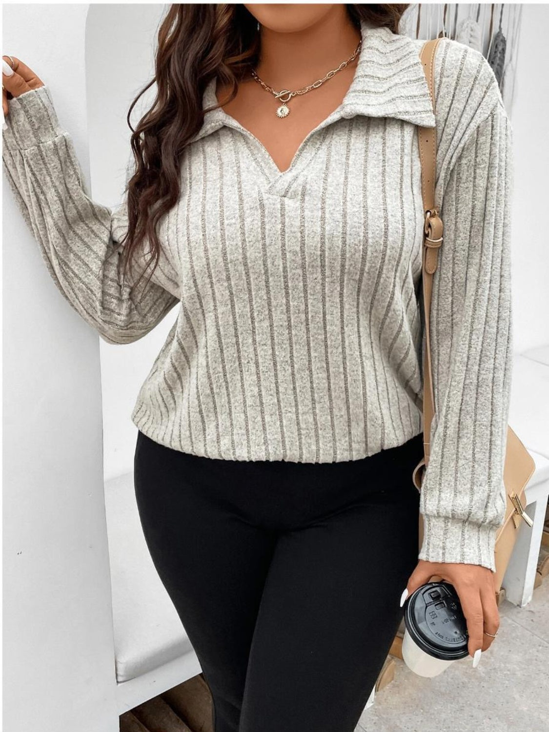 Plus Size Ribbed Johnny Collar Long Sleeve T-Shirt