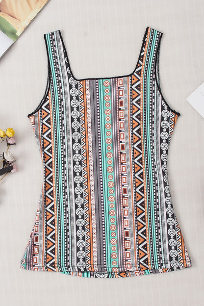 Printed Square Neck Wide Strap Tank