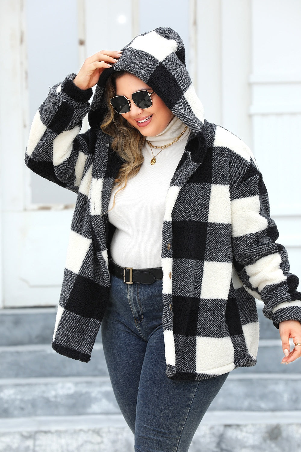 Plus Size Plaid Button Up Hooded Jacket