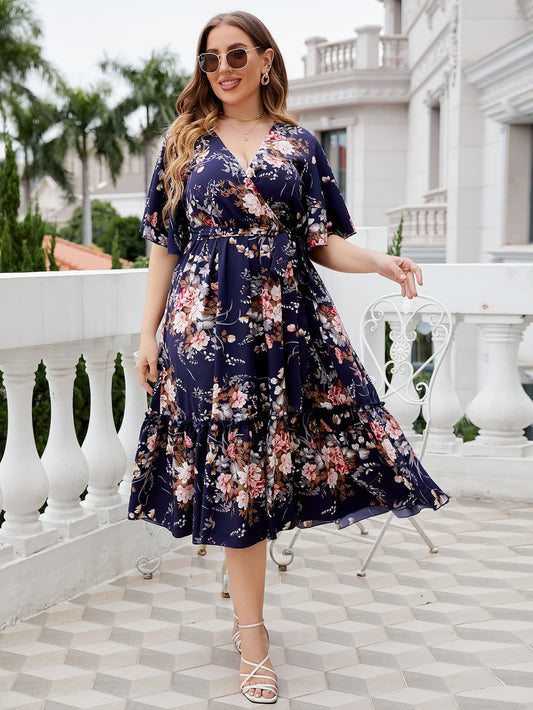 Plus Size Floral Surplice Neck Midi Dress