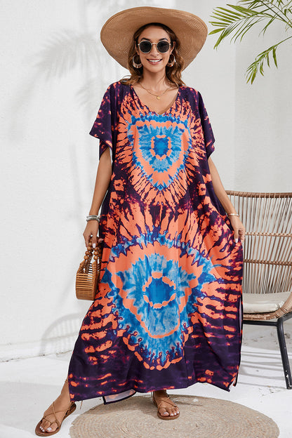 Slit Printed V-Neck Short Sleeve Cover Up