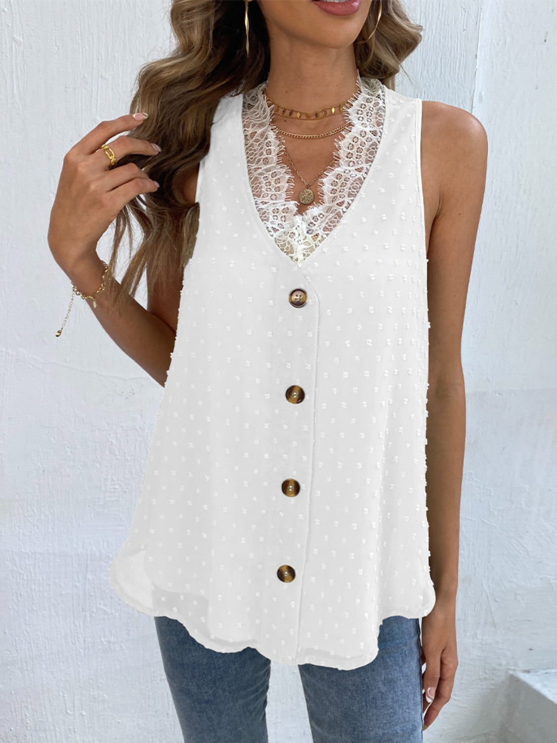 Swiss Dot Lace Detail V-Neck Tank