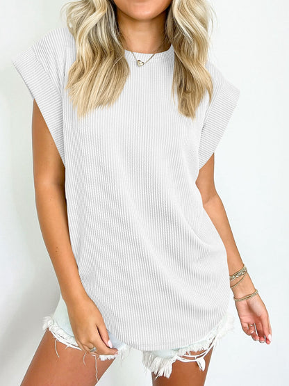 Textured Round Neck Cap Sleeve Blouse