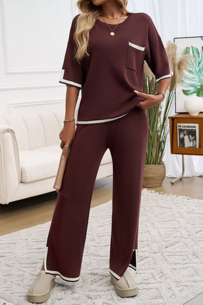 Contrast Trim Half Sleeve Top and Pants Set