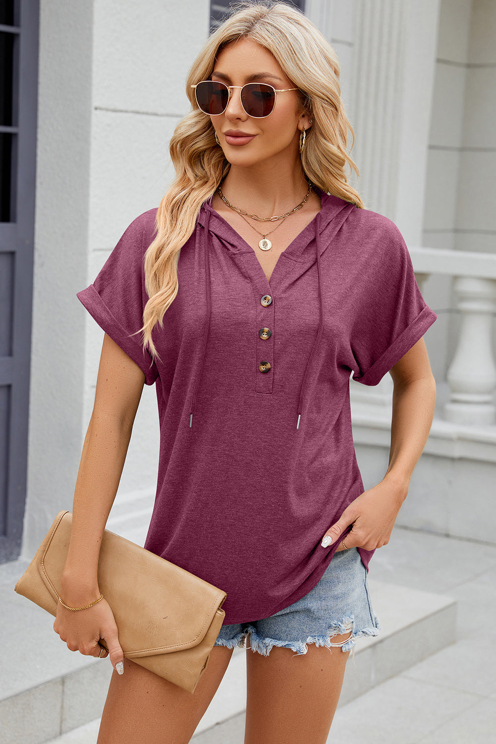 Half Button Drawstring Short Sleeve Hooded T-Shirt