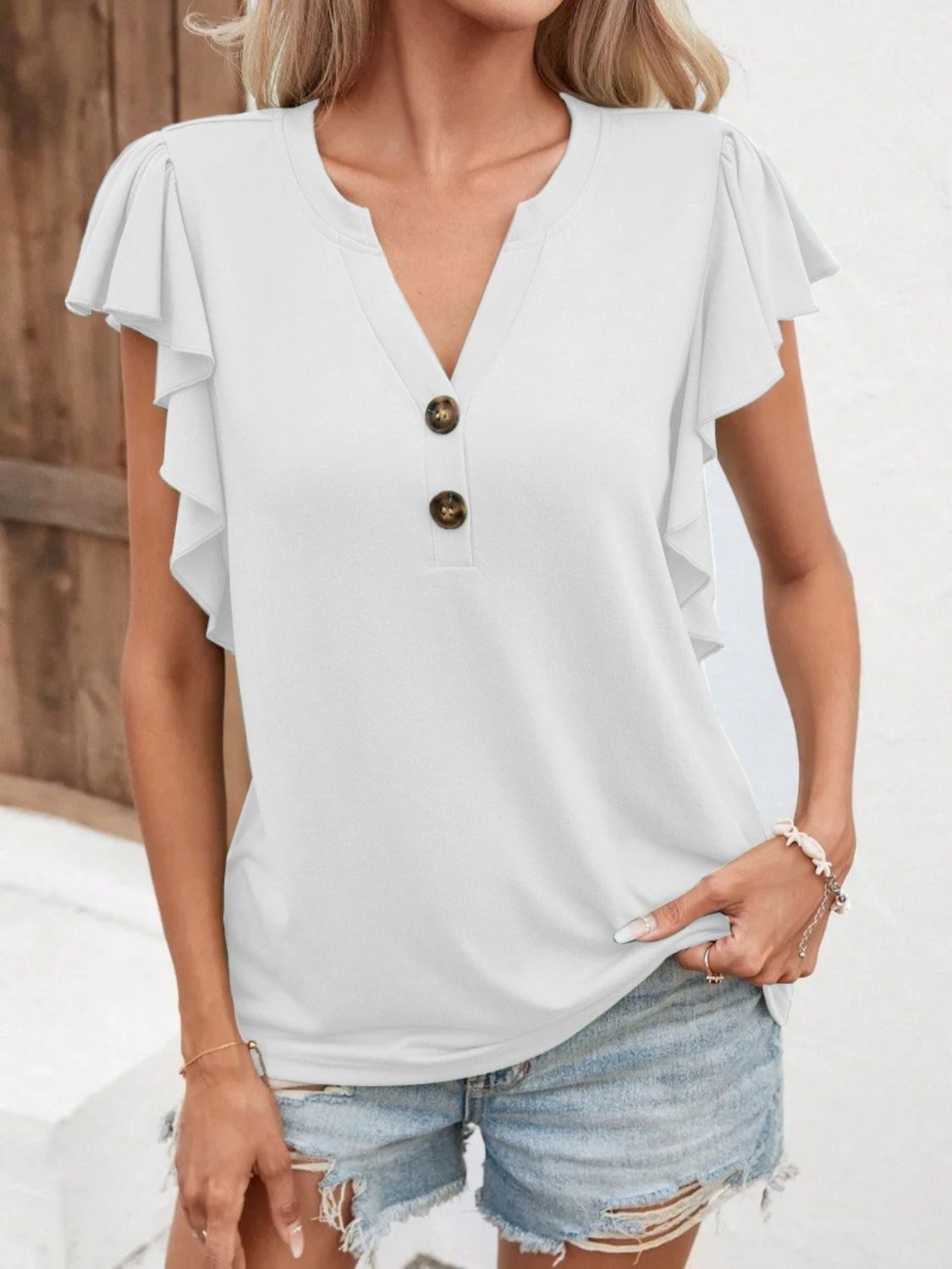 Full Size Ruffled Notched Cap Sleeve T-Shirt