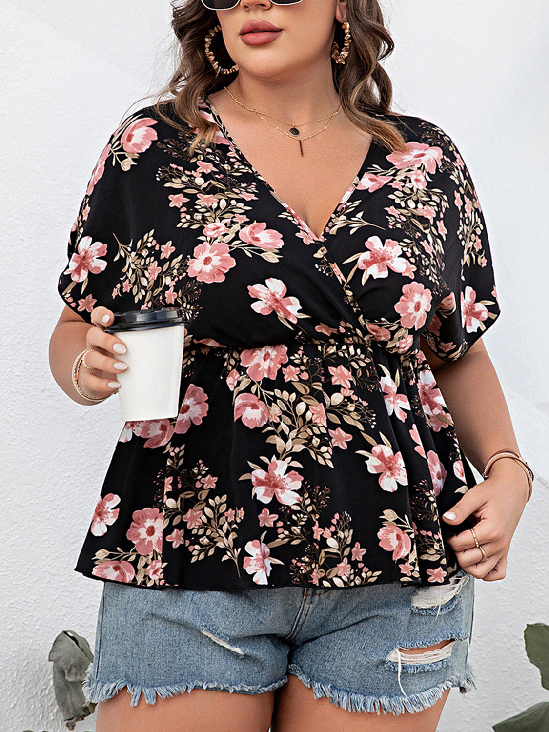 Plus Size Floral Surplice Short Sleeve Blouse