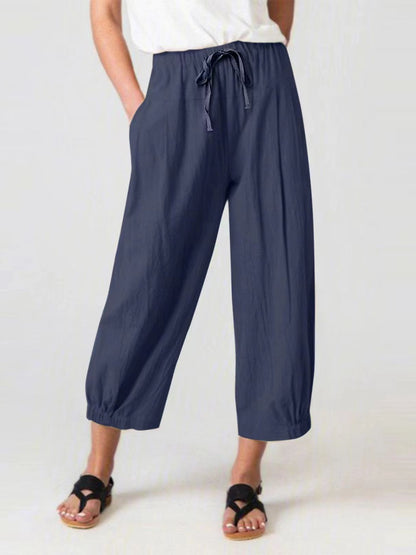 Elastic Waist Wide Leg Pants with Pockets