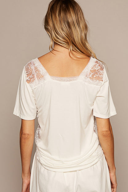 POL V-Neck Short Sleeve Lace Trim Top