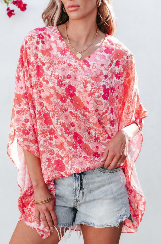 Floral V-Neck Three-Quarter Sleeve Blouse