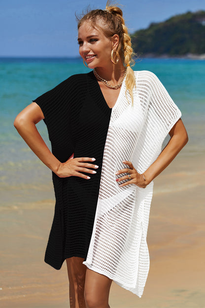 Double Take Openwork Contrast Slit Knit Cover Up