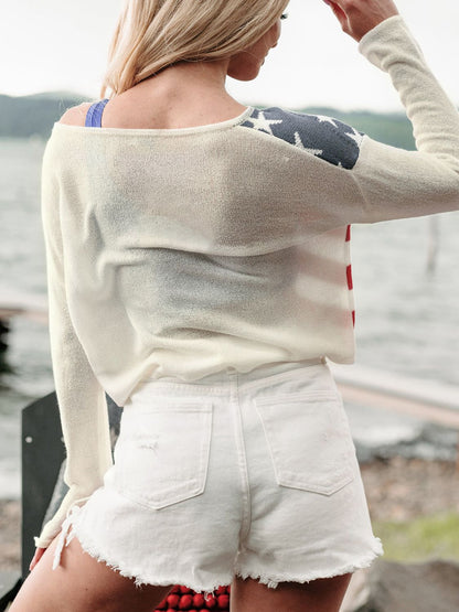 US Flag Boat Neck Long Sleeve Knit Top