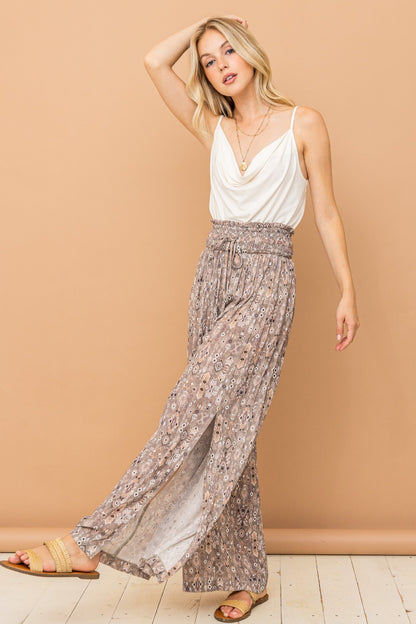 And The Why Printed Smocked Slit Printed Midi Skirt