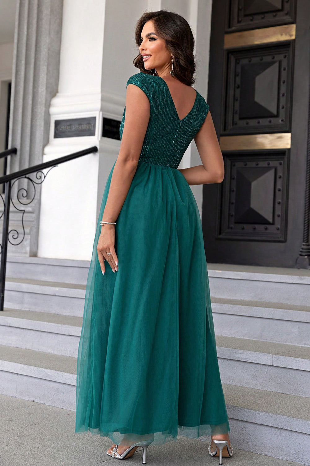 Sequin V-Neck Mesh Maxi Dress