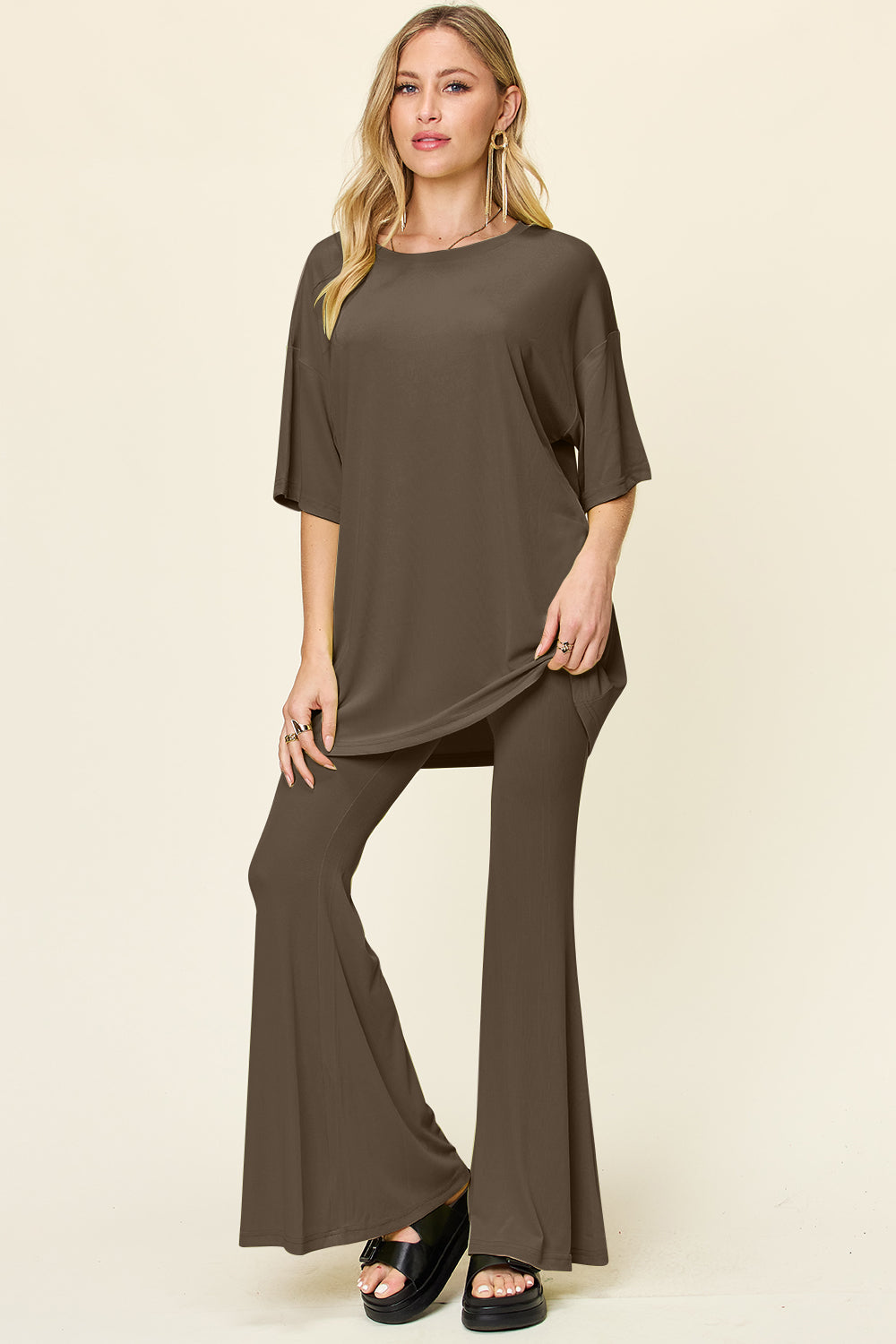 Double Take Full Size Round Neck Drop Shoulder T-Shirt and Flare Pants Set