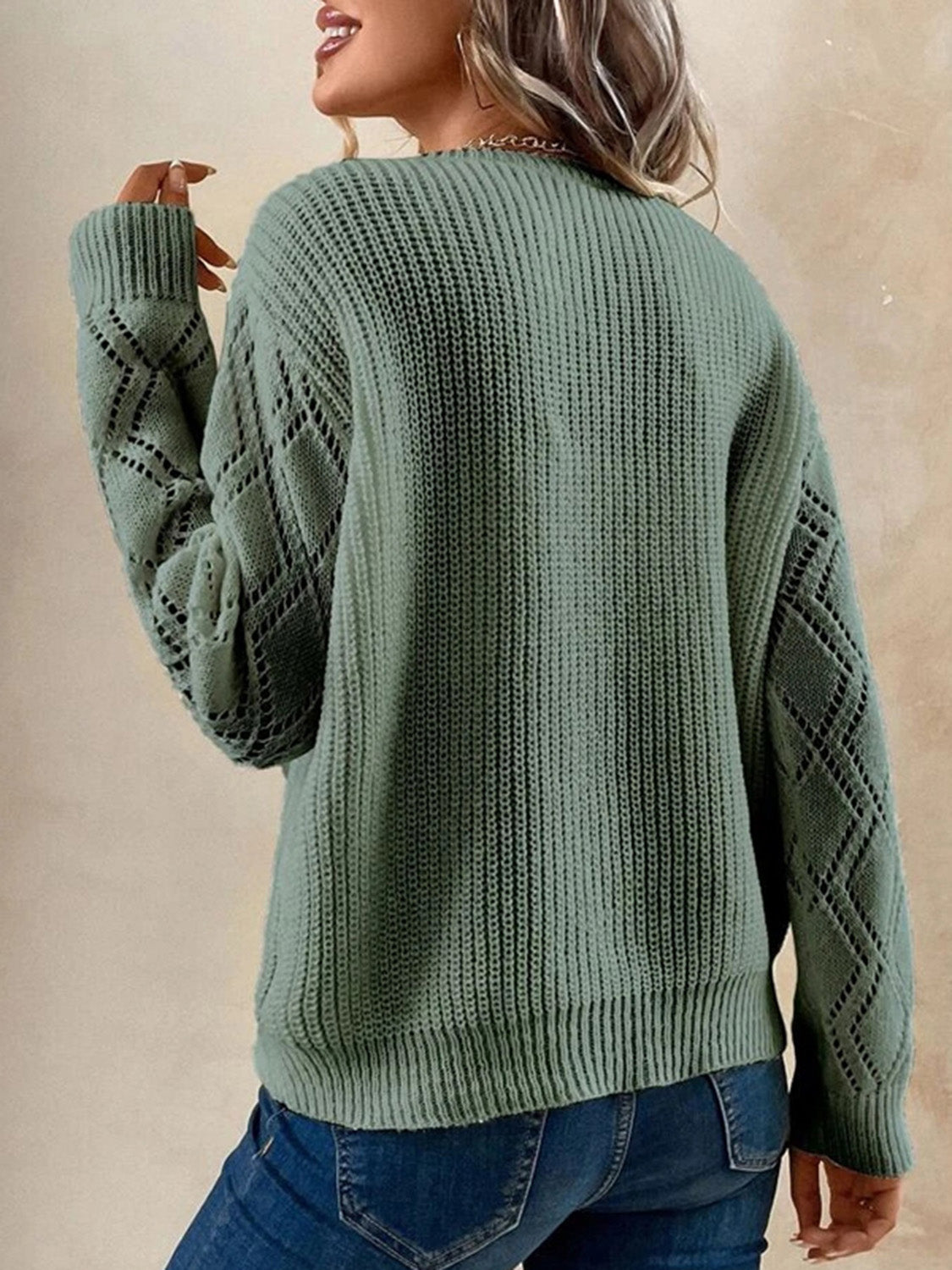 Openwork V-Neck Dropped Shoulder Sweater