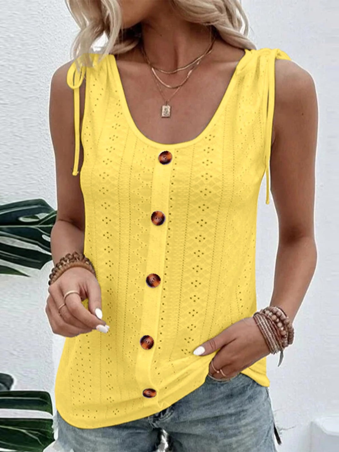 Eyelet Tie Shoulder Scoop Neck Tank