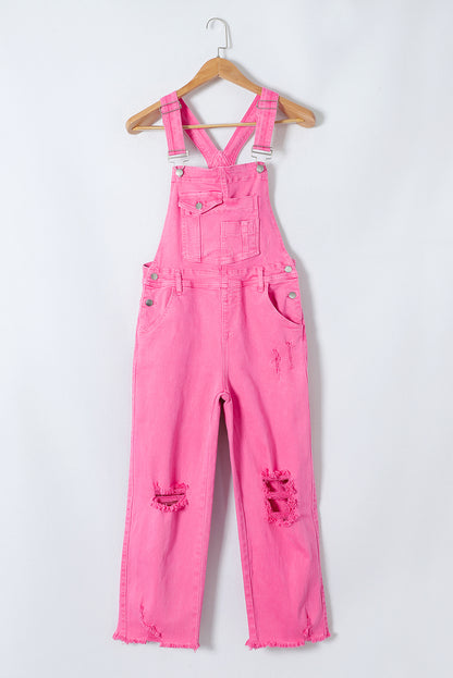 Distressed Pocketed Wide Strap Denim Overalls