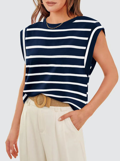 Striped Round Neck Cap Sleeve T-Shirt