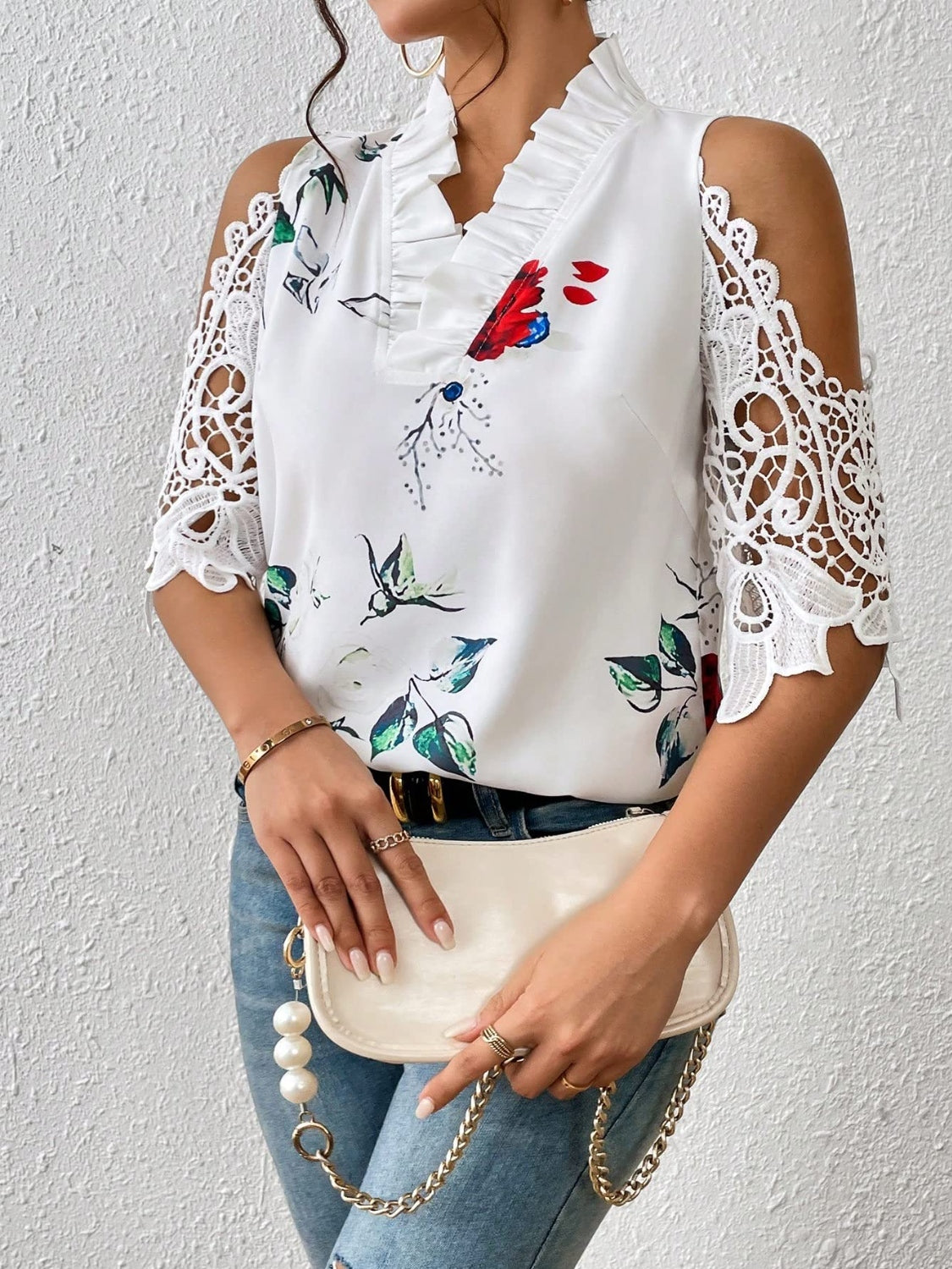 Full Size Lace Printed Half Sleeve Blouse